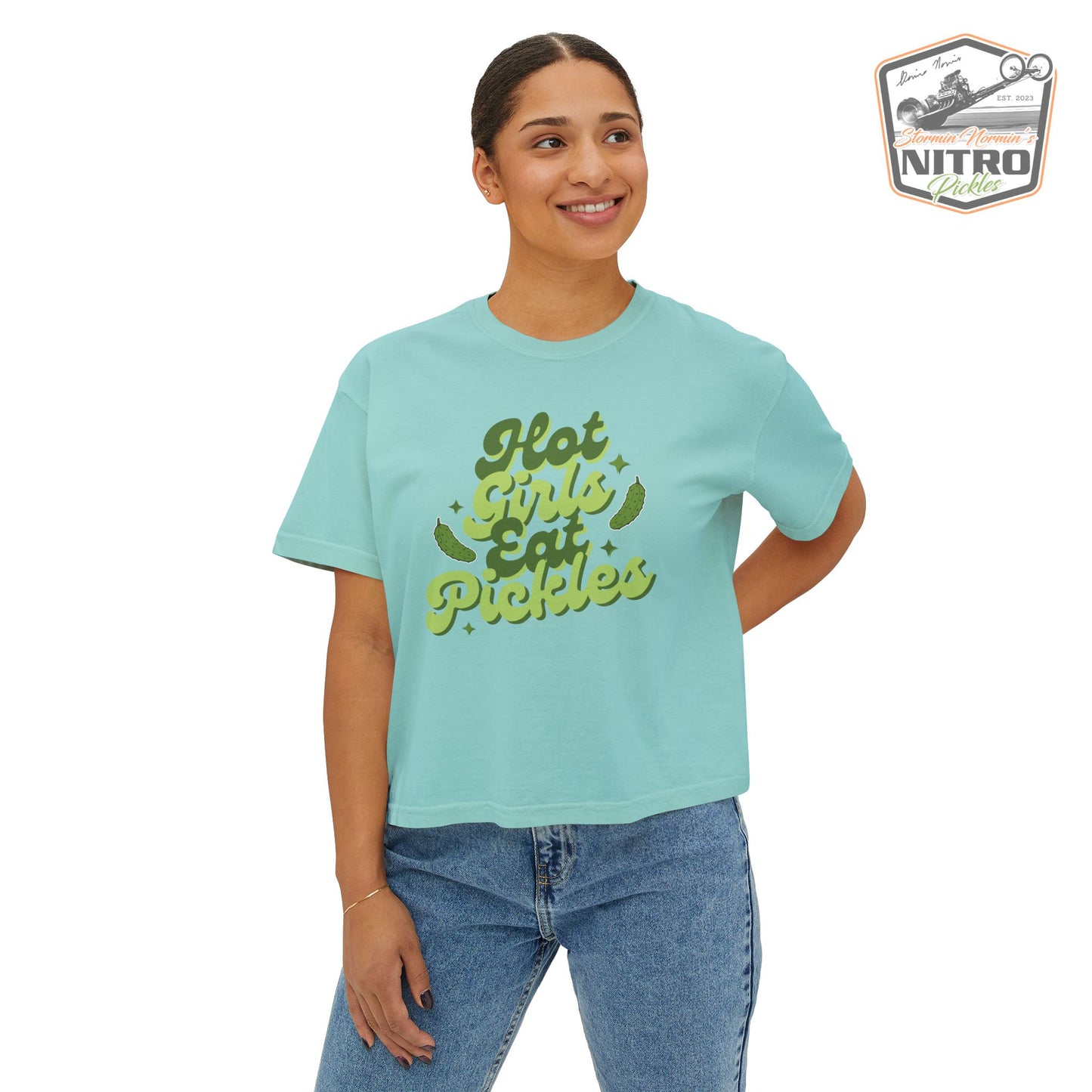 'Hot Girls Eat Pickles' Boxy Crop Tee - Green